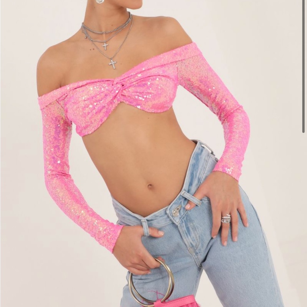 Iridescent Sequin Off The Shoulder Top in Pink